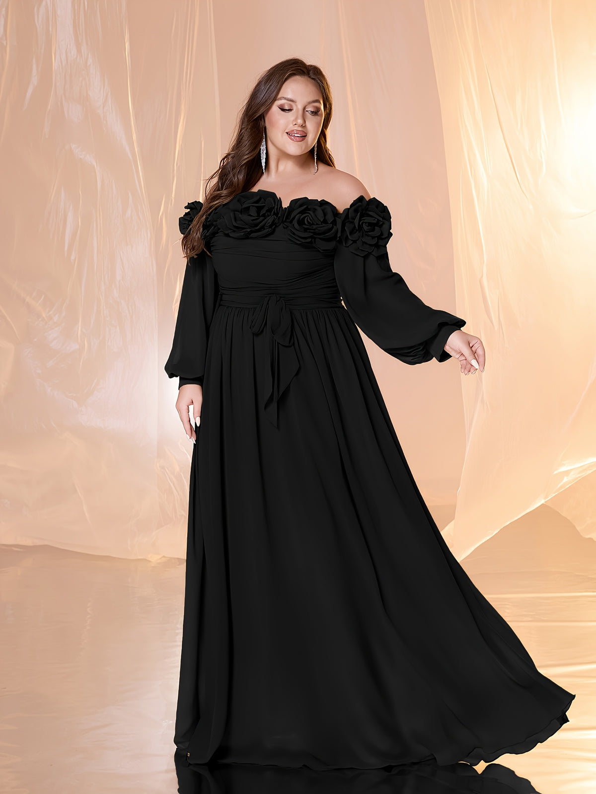 Robe longue grande taille, relief sur le bardot