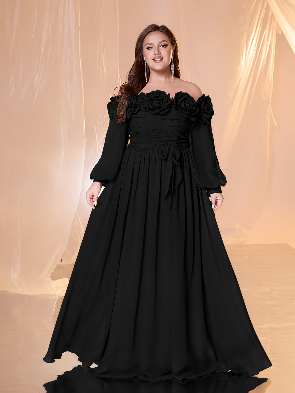 Robe longue grande taille, relief sur le bardot