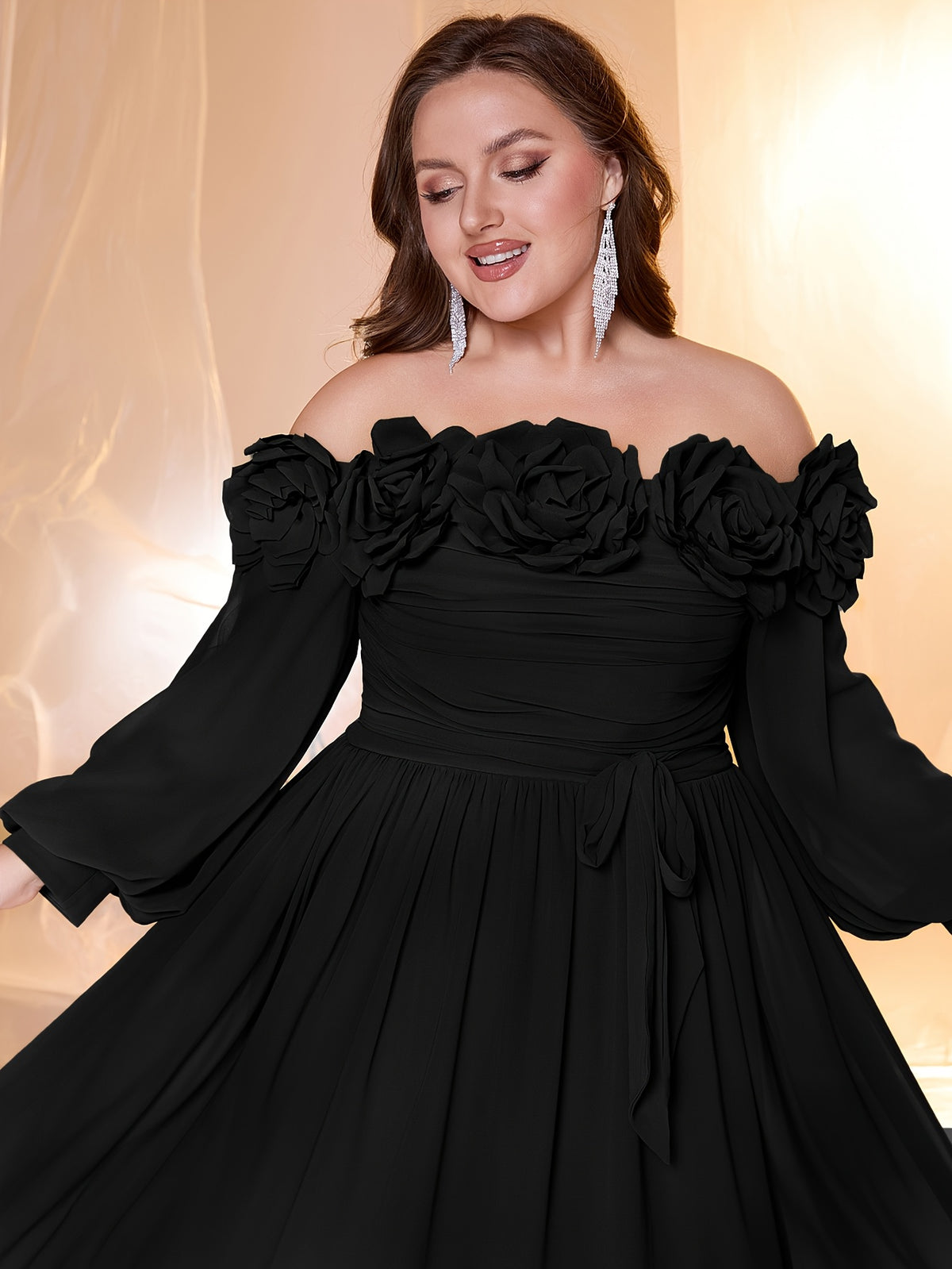 Robe longue grande taille, relief sur le bardot