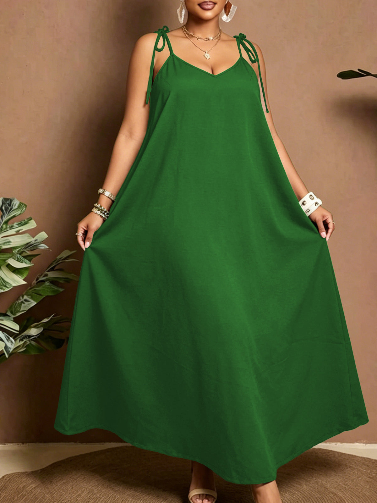 Robe longue grande taille — Rouge, bretelles nouées à l'épaule