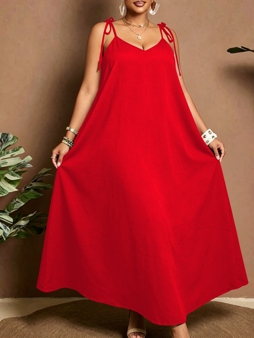Robe longue grande taille — Rouge, bretelles nouées à l'épaule