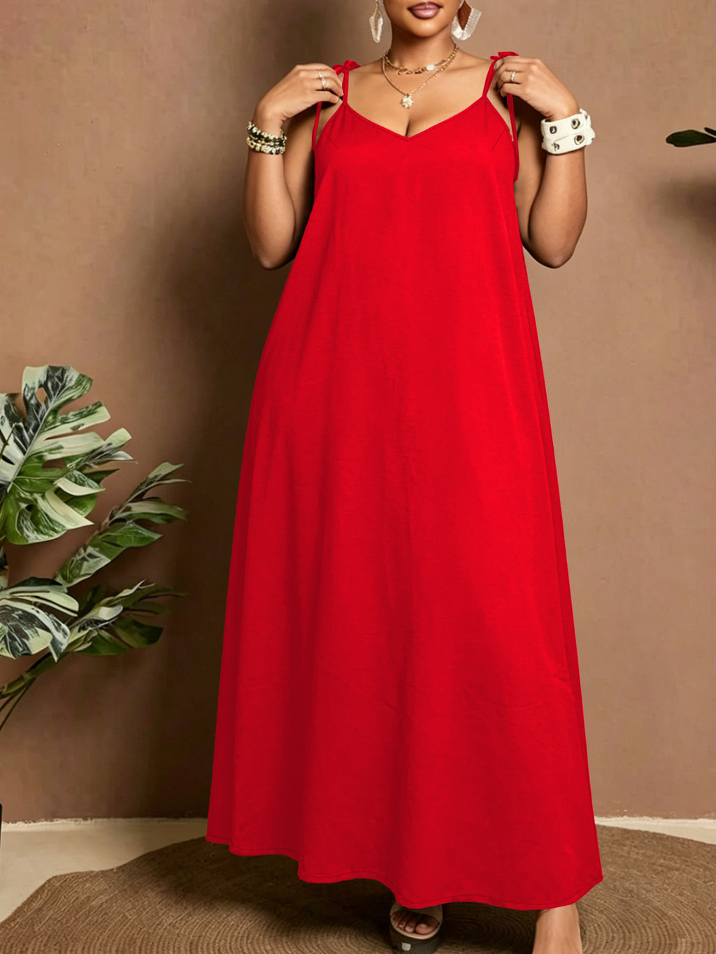 Robe longue grande taille — Rouge, bretelles nouées à l'épaule