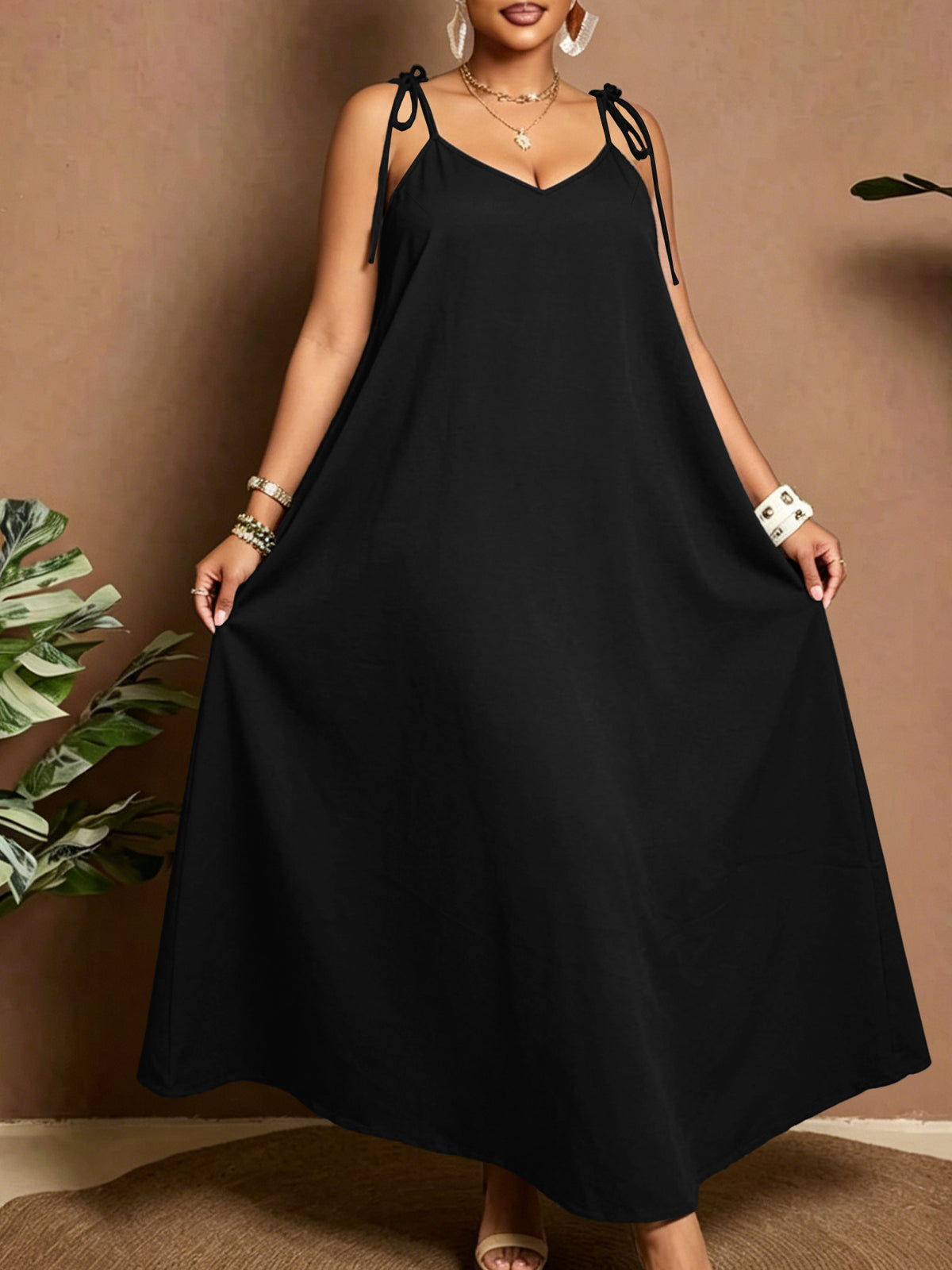 Robe longue grande taille — Rouge, bretelles nouées à l'épaule
