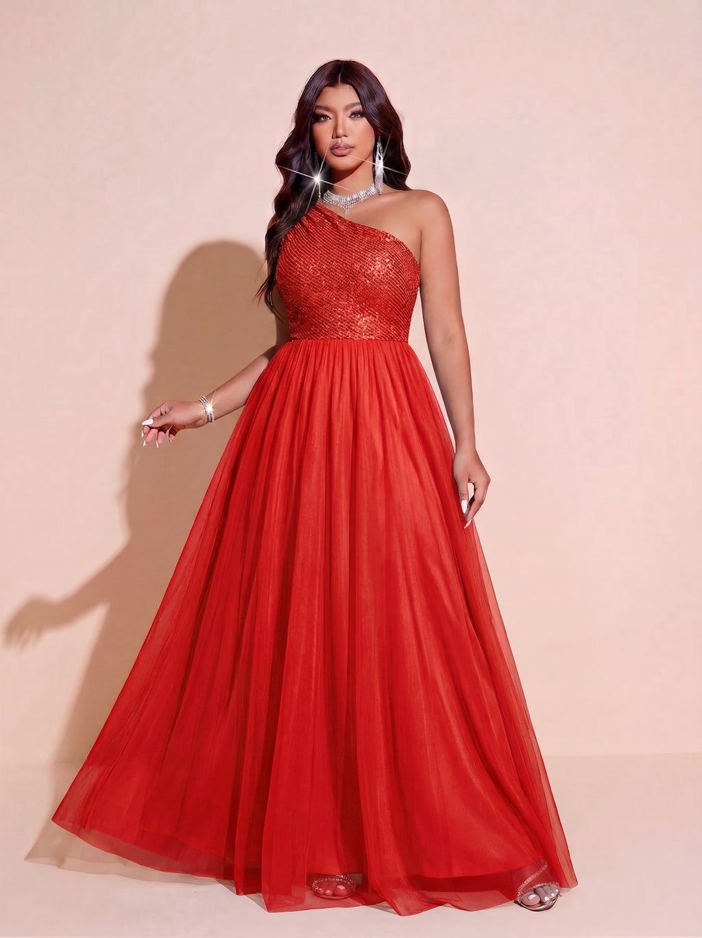 Robe longue grande taille, buste sequins et tulle