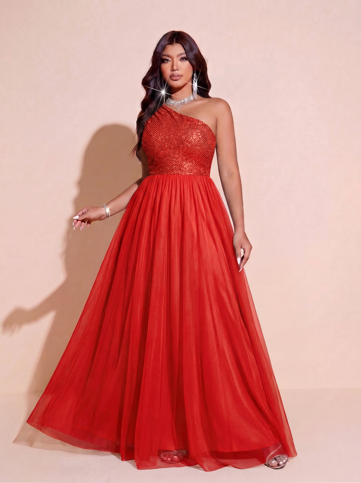 Robe longue grande taille, buste sequins et tulle