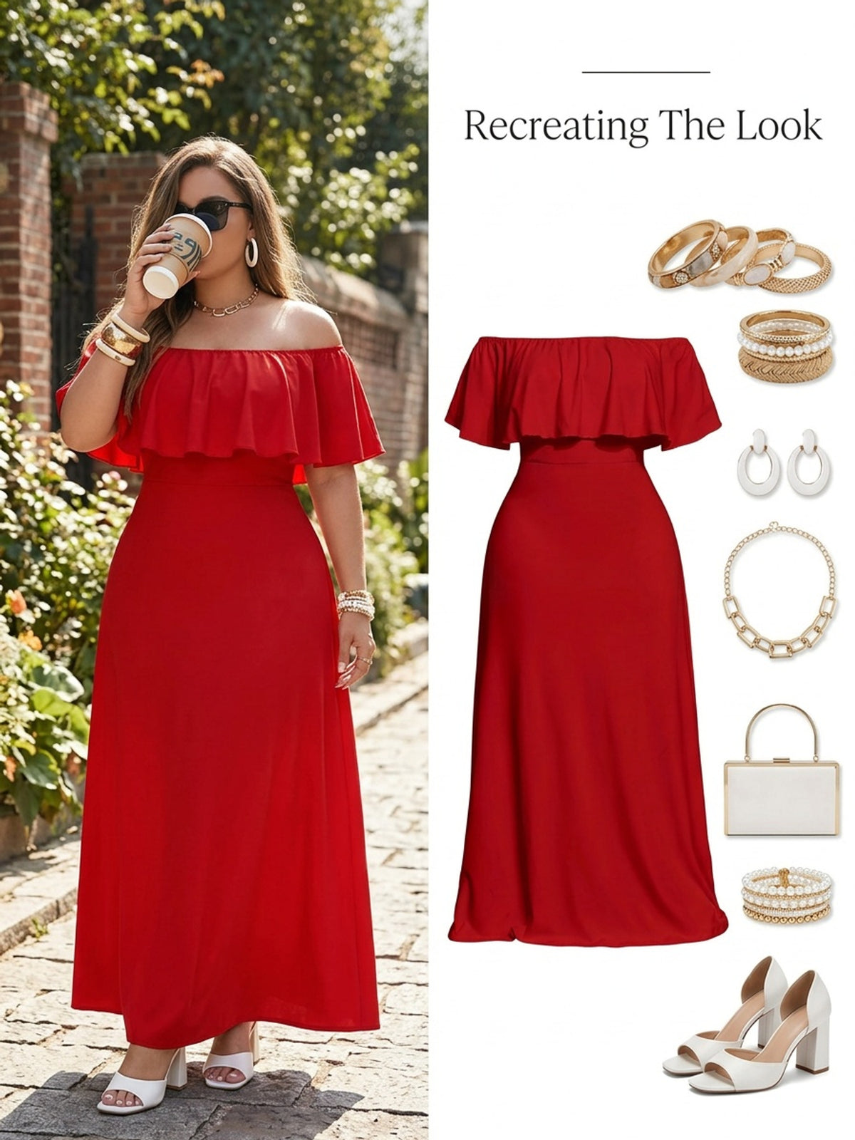 Robe longue grande taille — Rouge à épaules dénudées et volant