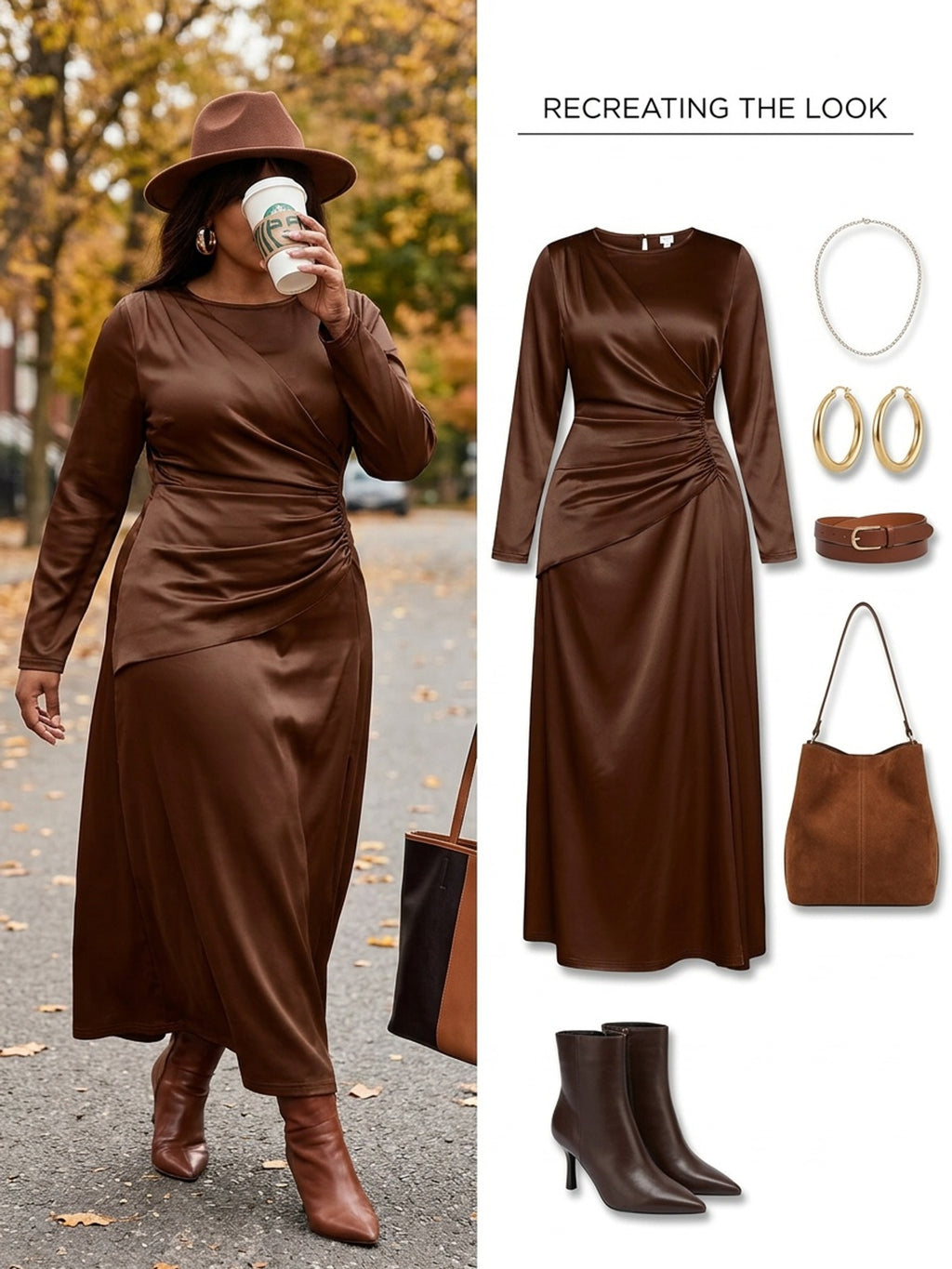 Robe longue grande taille — Satin drapé noir ou chocolat