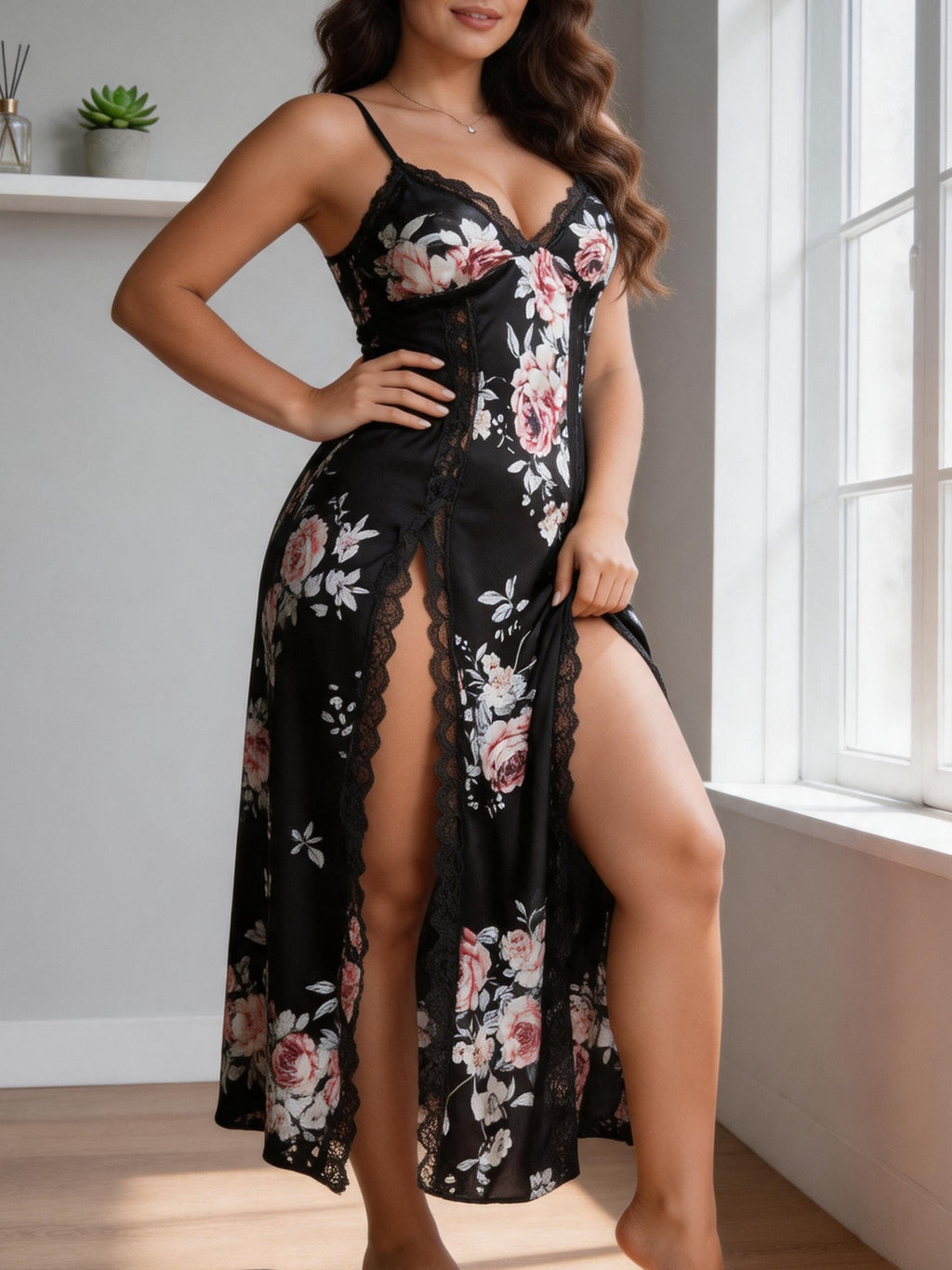 Robe longue grande taille, satin à et dentelle