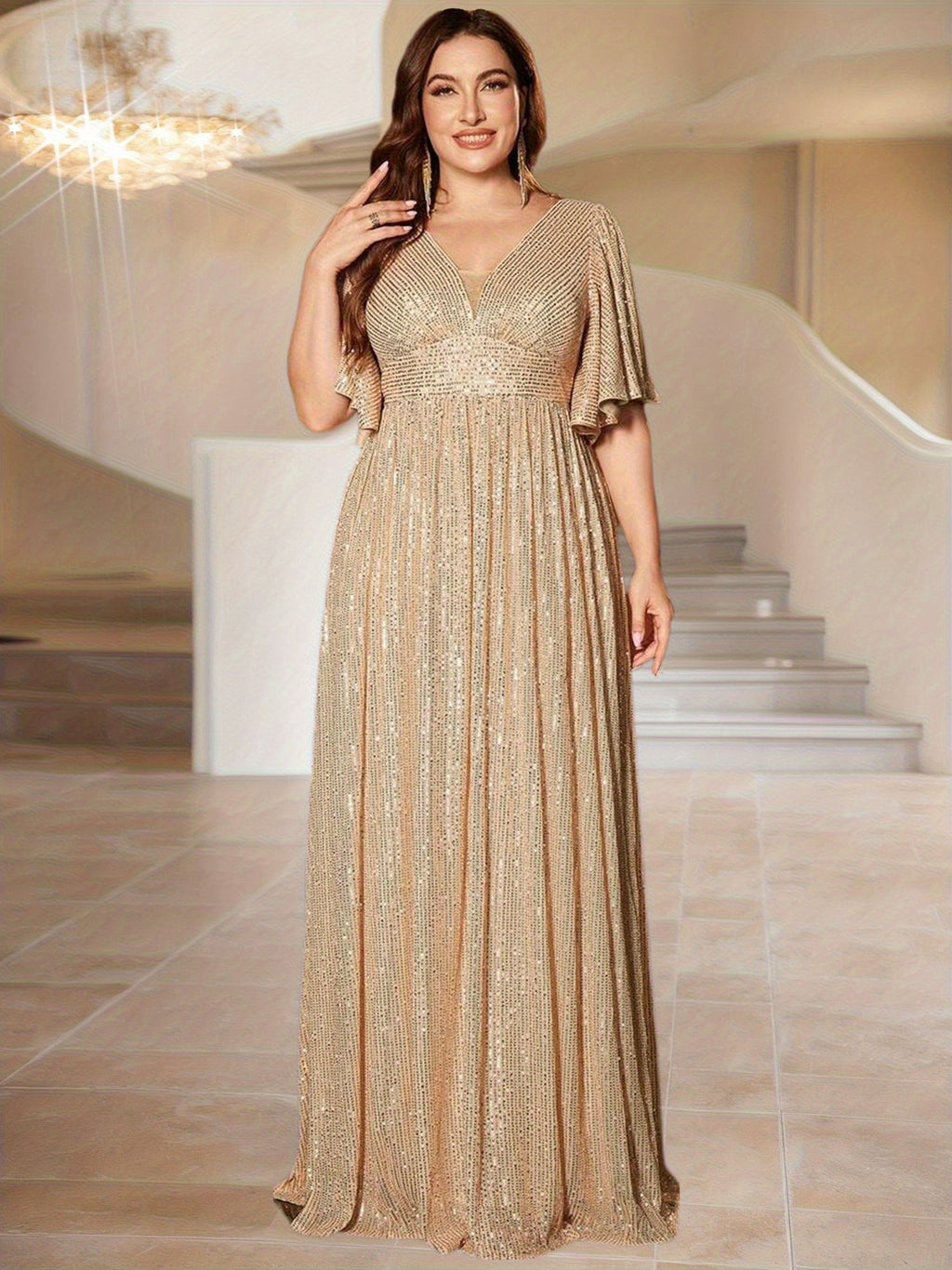 Robe longue grande taille, taille empire toute en sequins