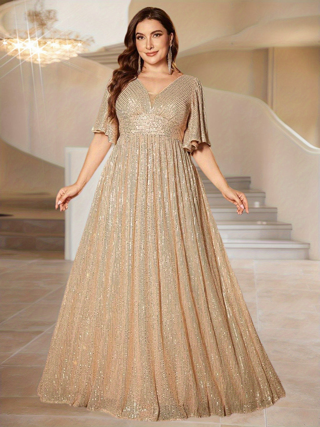 Robe longue grande taille, taille empire toute en sequins