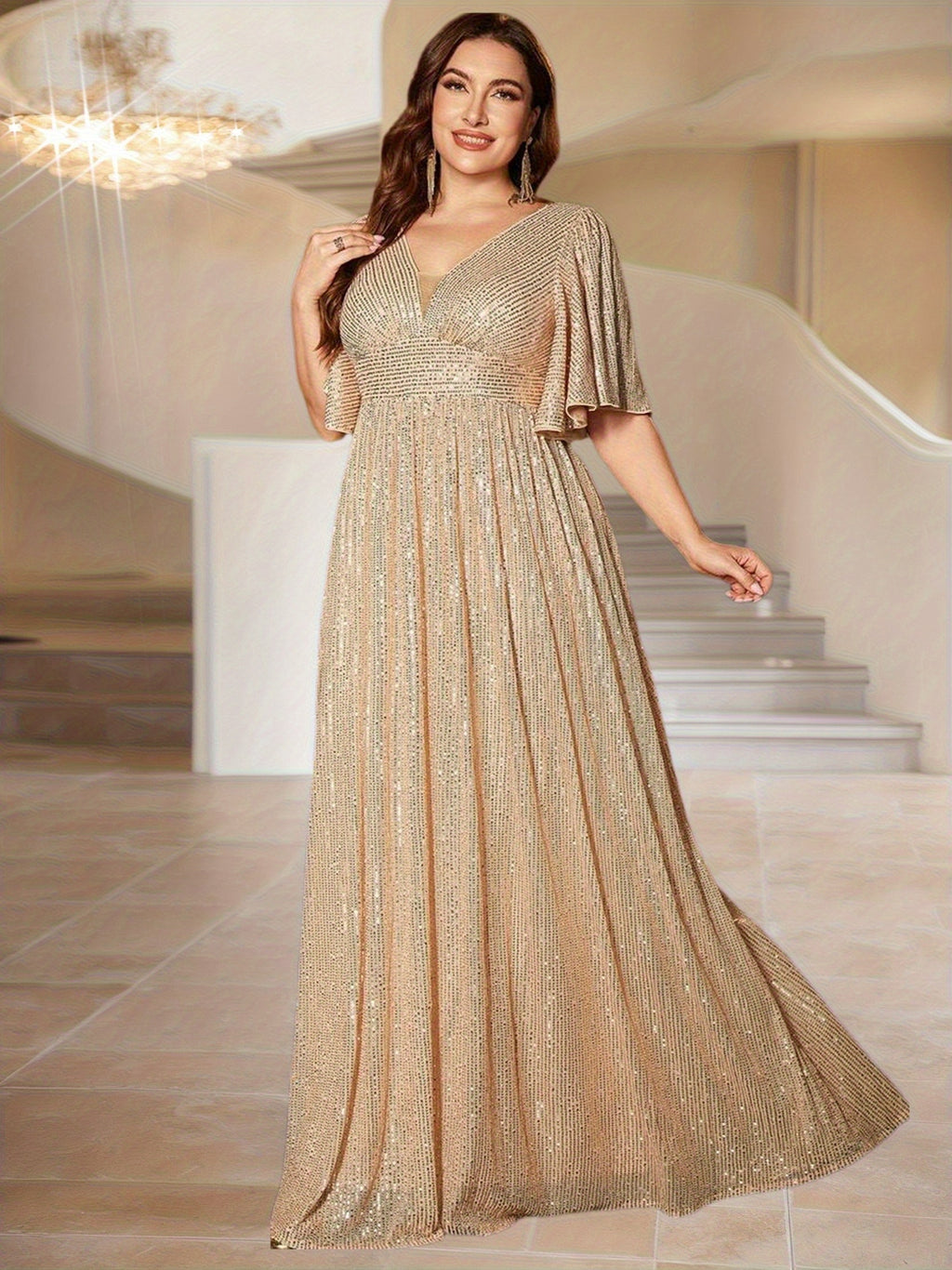 Robe longue grande taille, taille empire toute en sequins