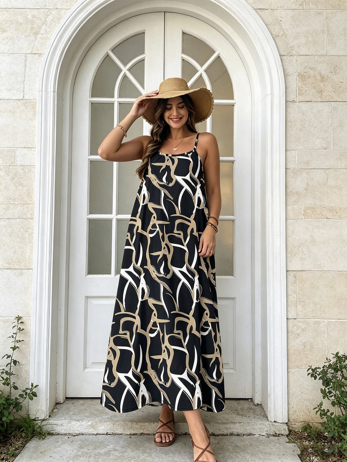 Robe longue grande taille, trait abstrait sable