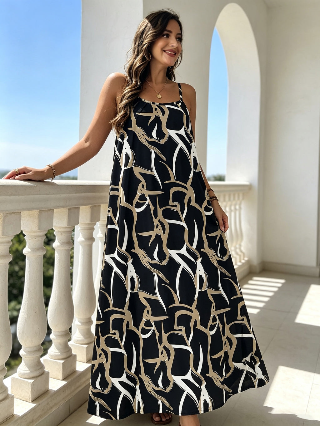 Robe longue grande taille, trait abstrait sable