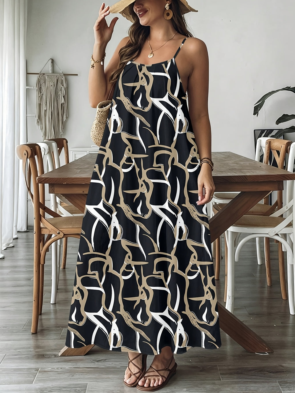 Robe longue grande taille, trait abstrait sable