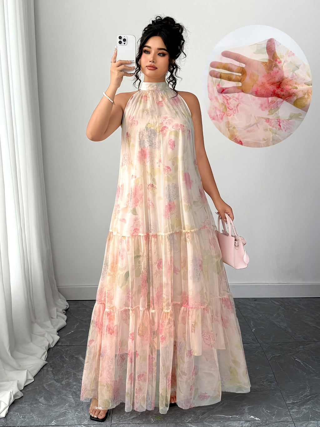 Robe longue grande taille — Tulle crème à fleurs pastel