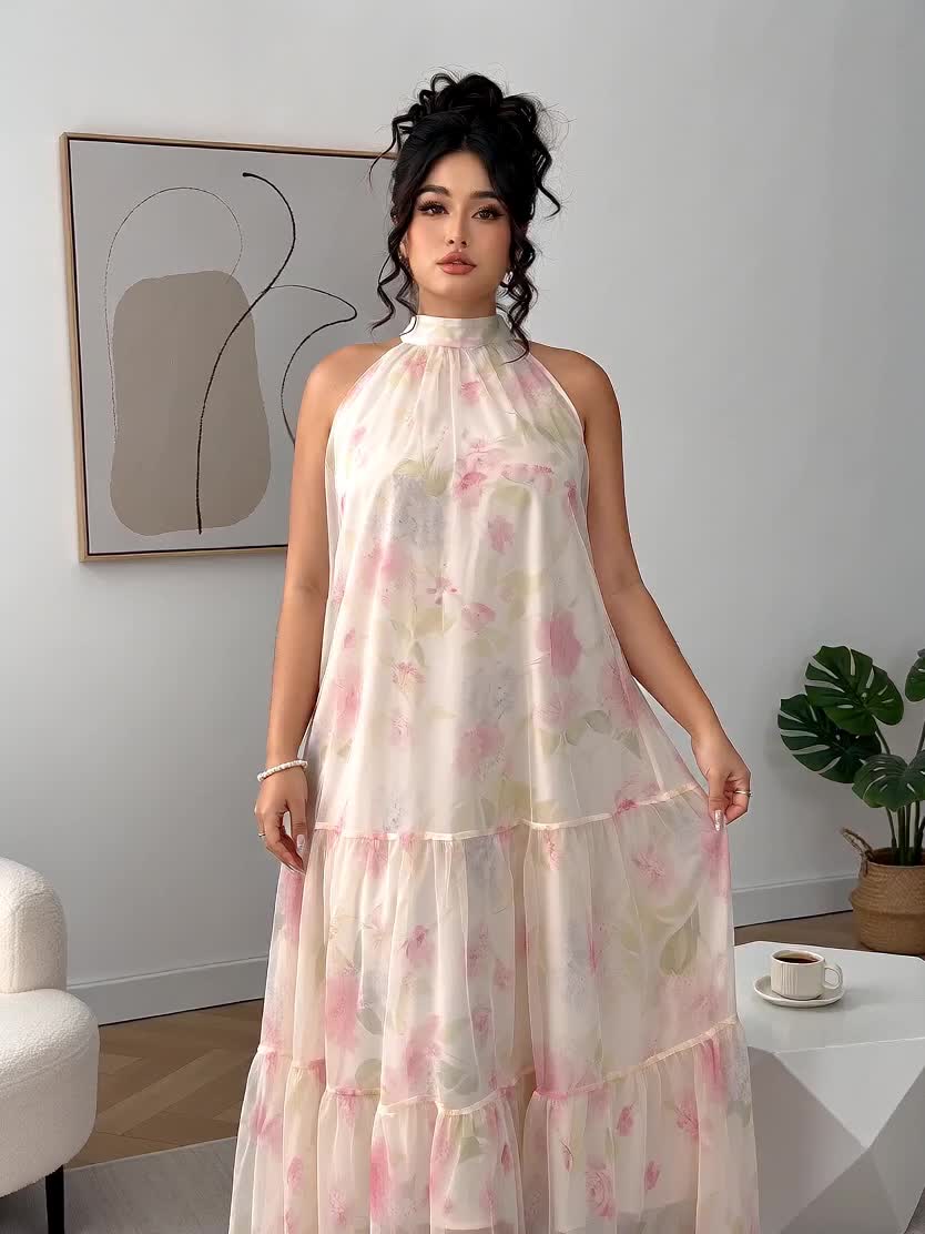 Robe longue grande taille — Tulle crème à fleurs pastel