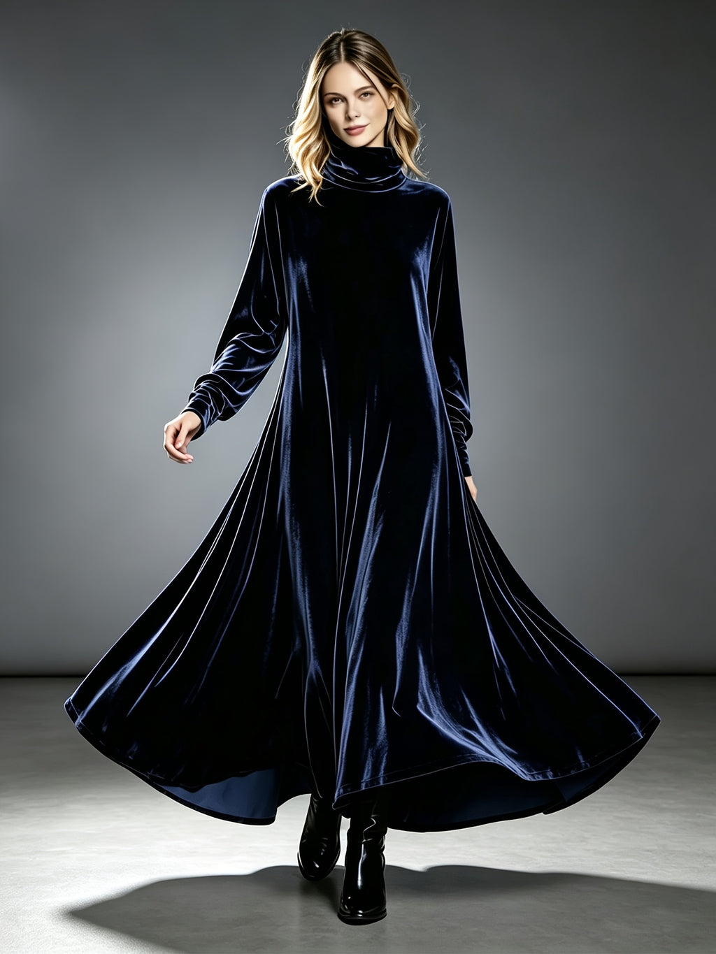Robe longue grande taille — Velours à col montant et ampleur