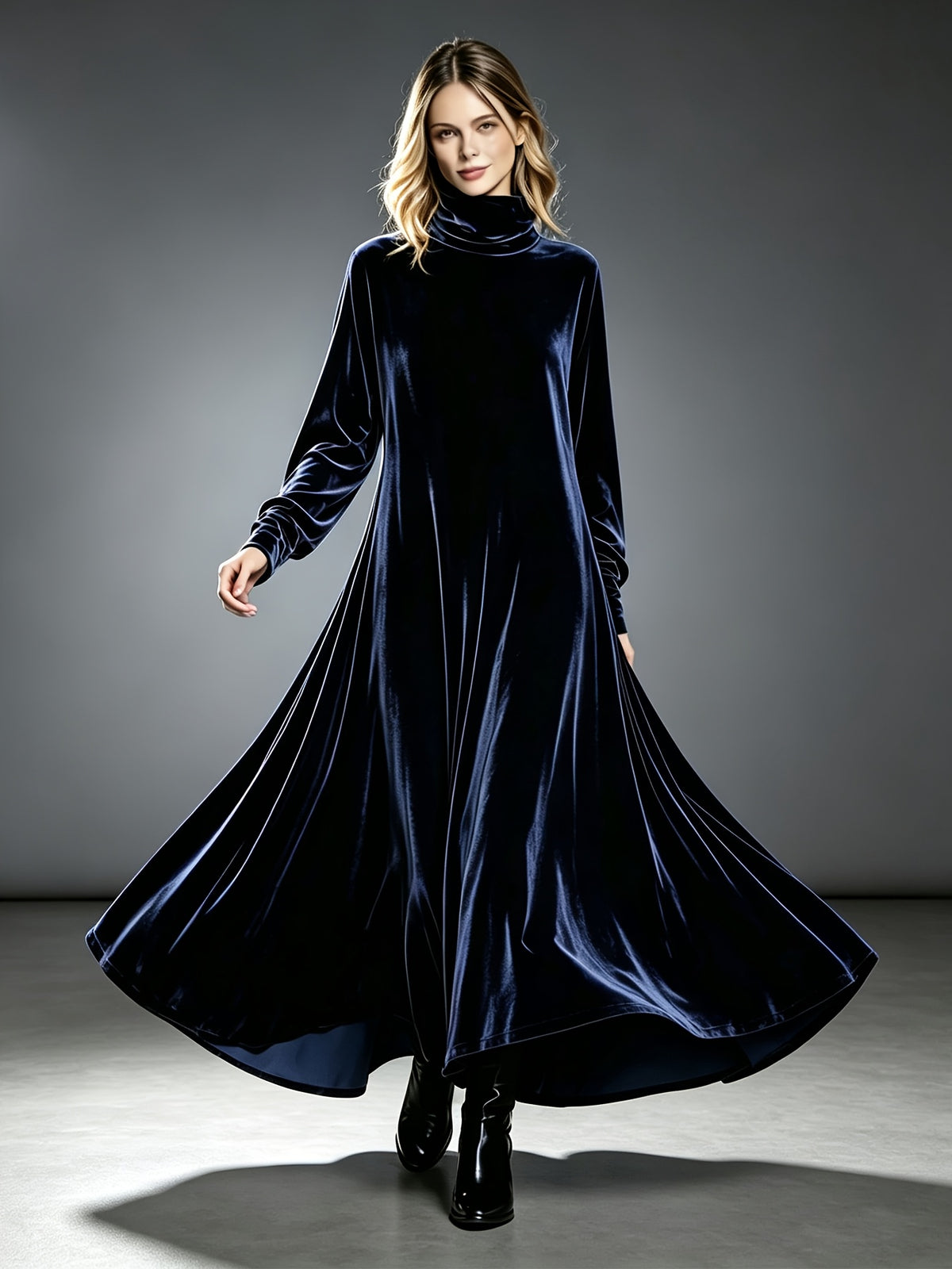 Robe longue grande taille — Velours à col montant et ampleur