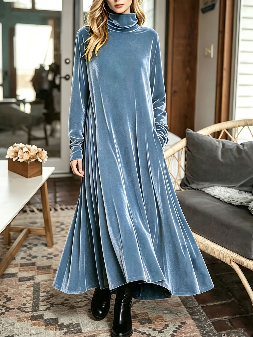 Robe longue grande taille — Velours à col montant et ampleur