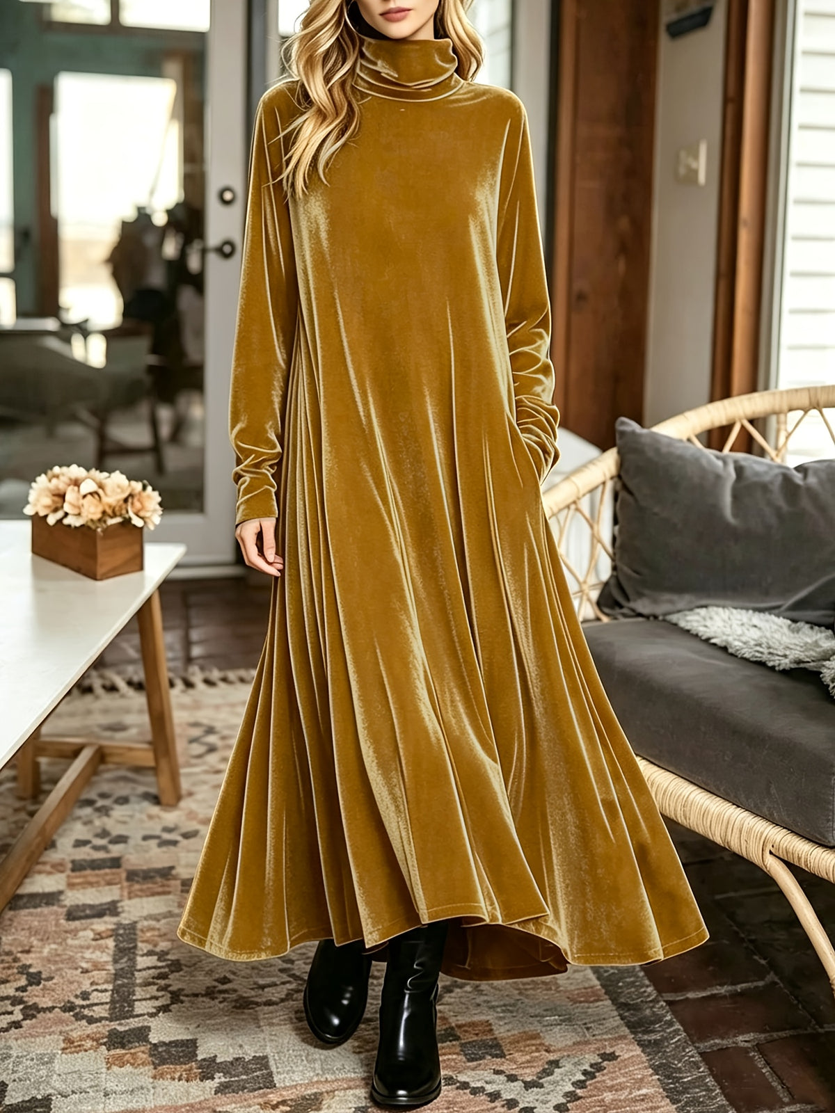Robe longue grande taille — Velours à col montant et ampleur