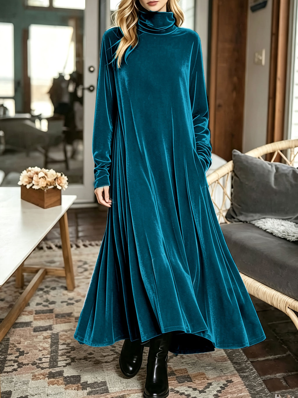 Robe longue grande taille — Velours à col montant et ampleur