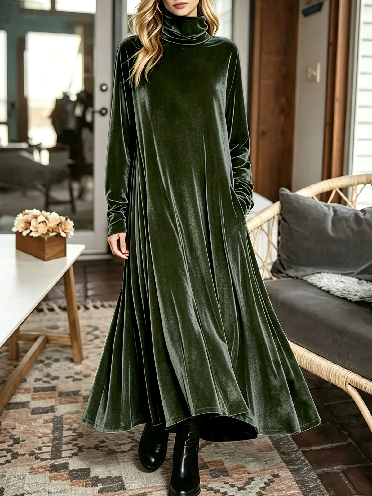 Robe longue grande taille — Velours à col montant et ampleur