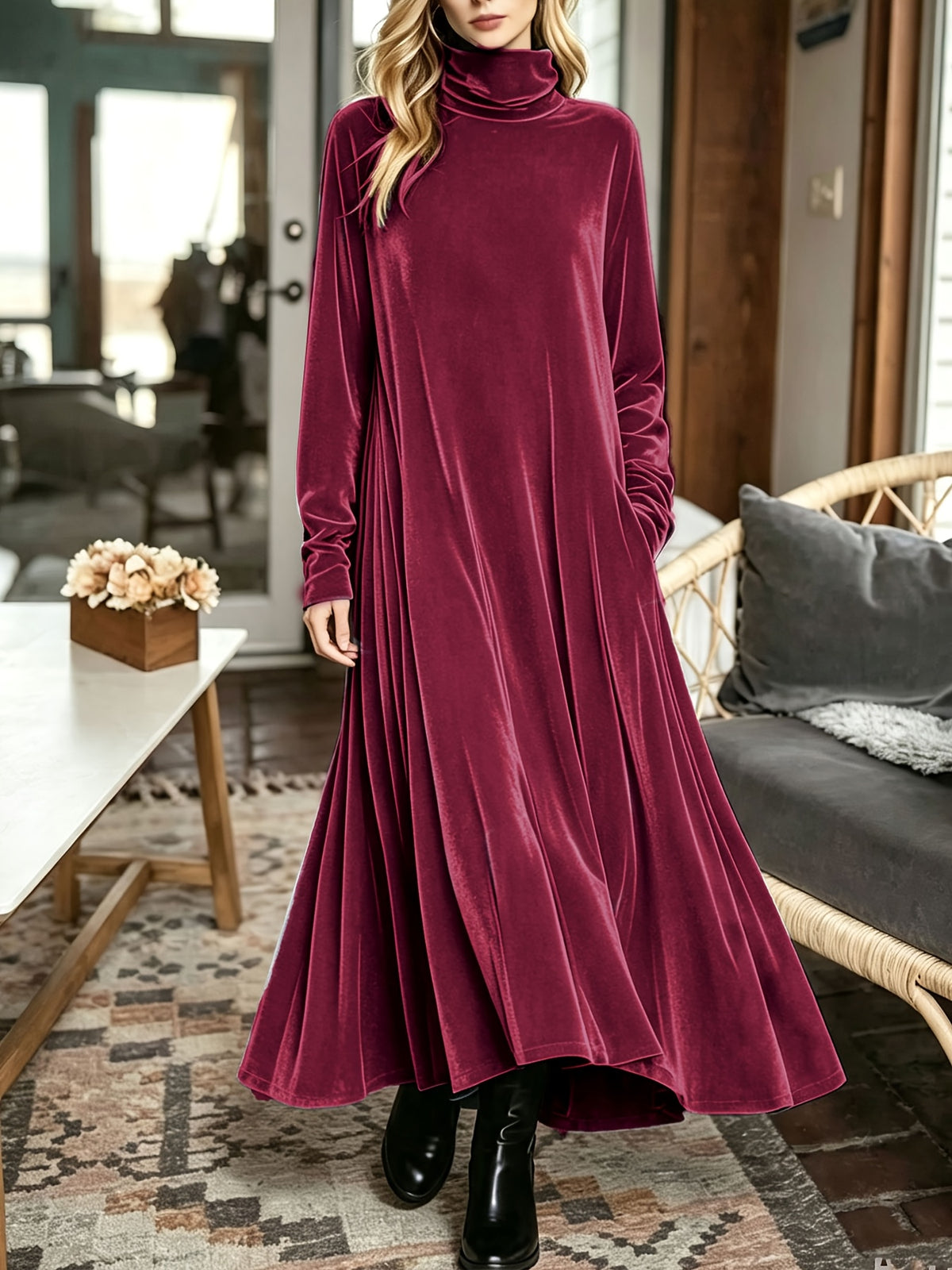 Robe longue grande taille — Velours à col montant et ampleur