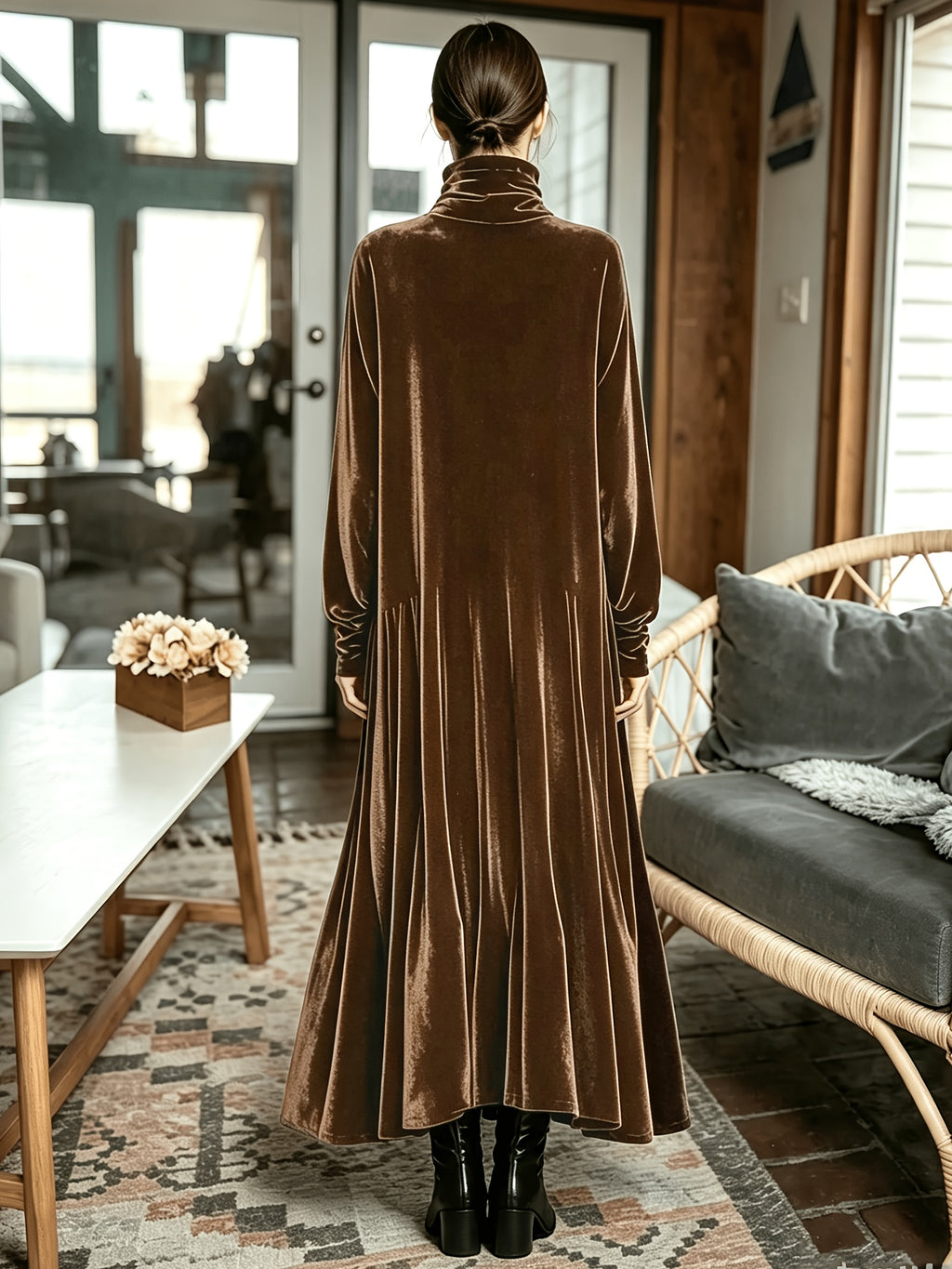 Robe longue grande taille — Velours à col montant et ampleur