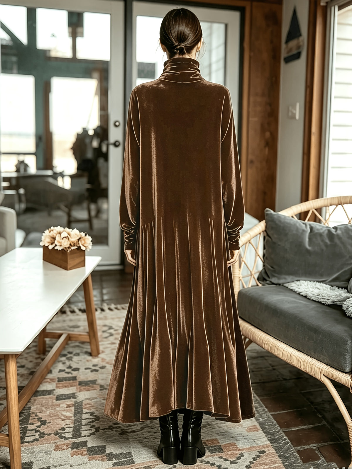Robe longue grande taille — Velours à col montant et ampleur