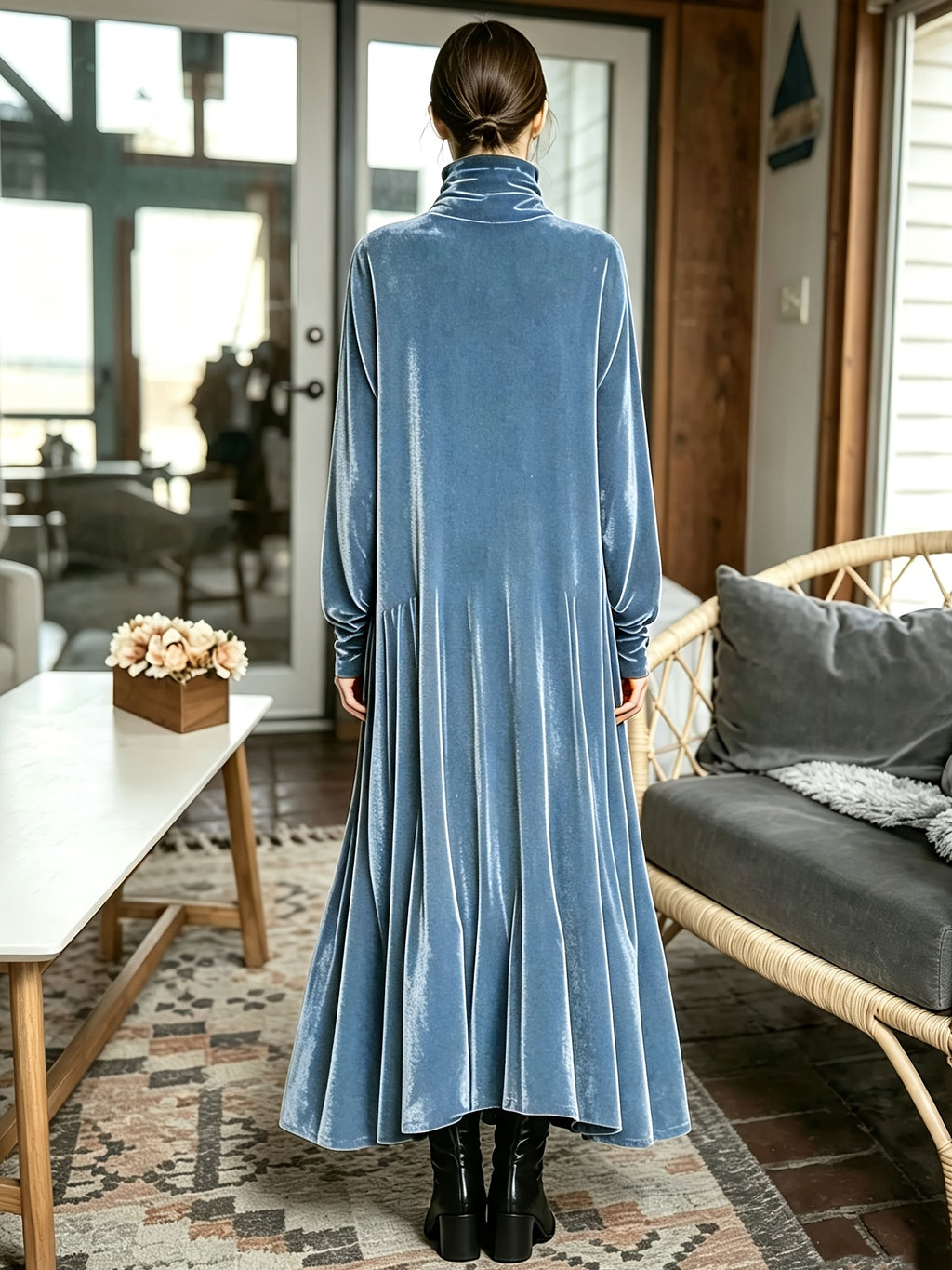 Robe longue grande taille — Velours à col montant et ampleur