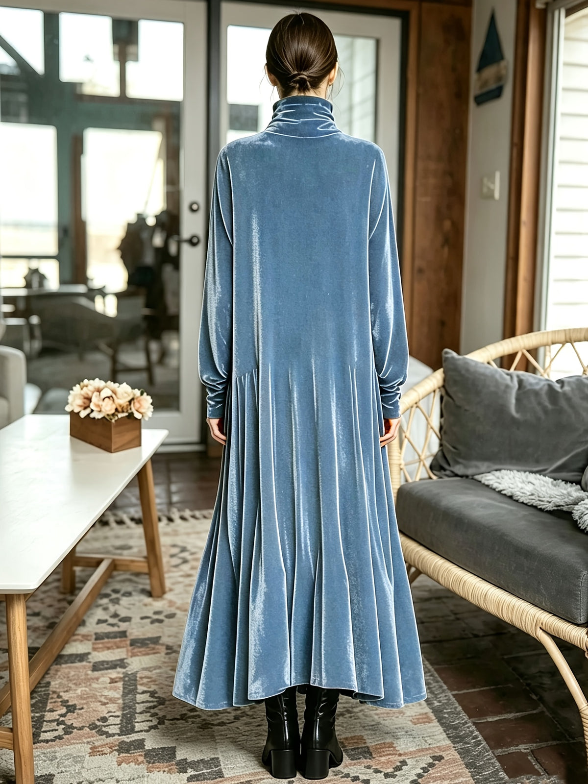 Robe longue grande taille — Velours à col montant et ampleur