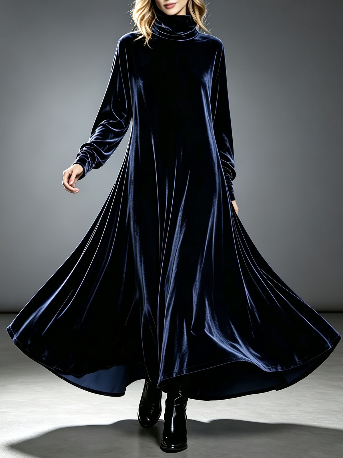 Robe longue grande taille — Velours à col montant et ampleur