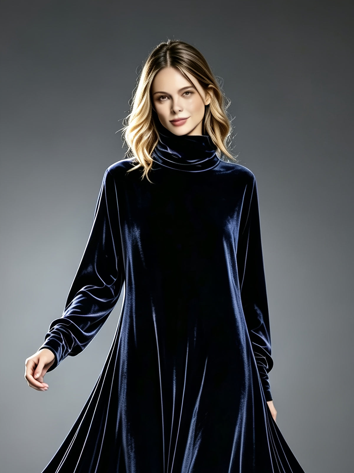 Robe longue grande taille — Velours à col montant et ampleur