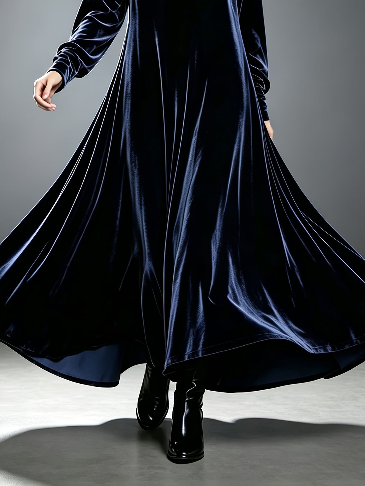 Robe longue grande taille — Velours à col montant et ampleur