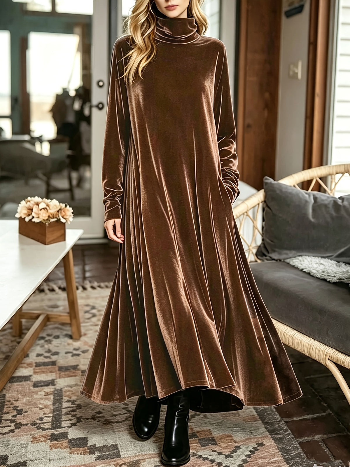 Robe longue grande taille — Velours à col montant et ampleur