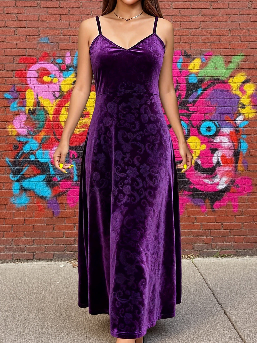 Robe longue grande taille, velours gaufré à bretelles