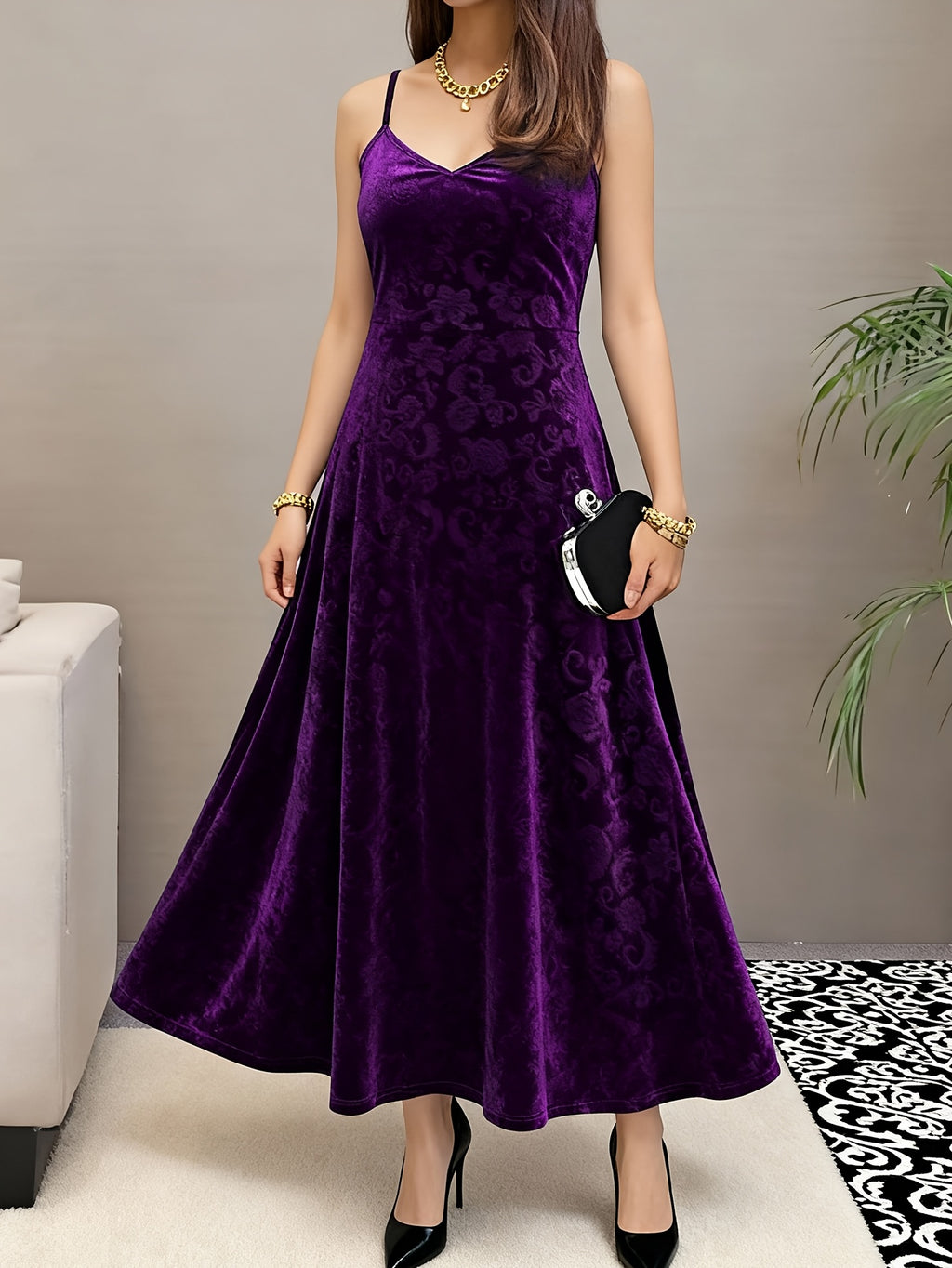 Robe longue grande taille, velours gaufré à bretelles