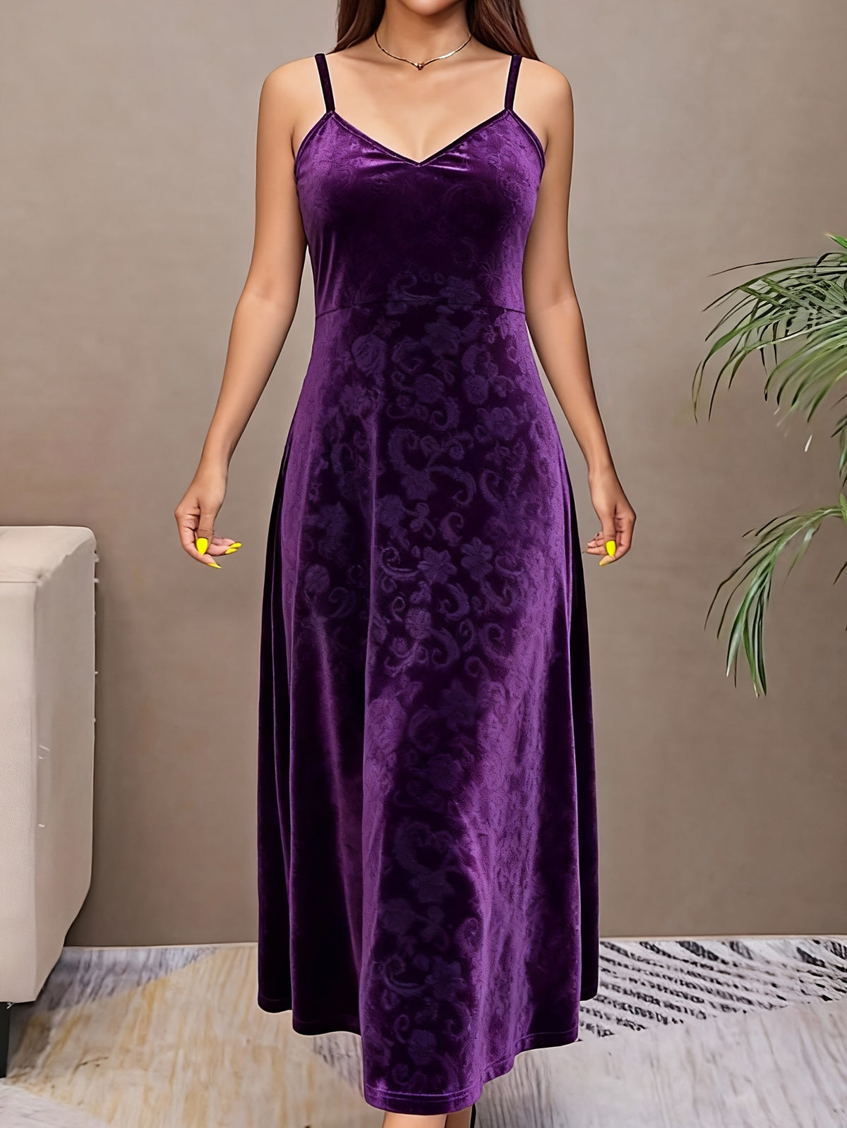 Robe longue grande taille, velours gaufré à bretelles