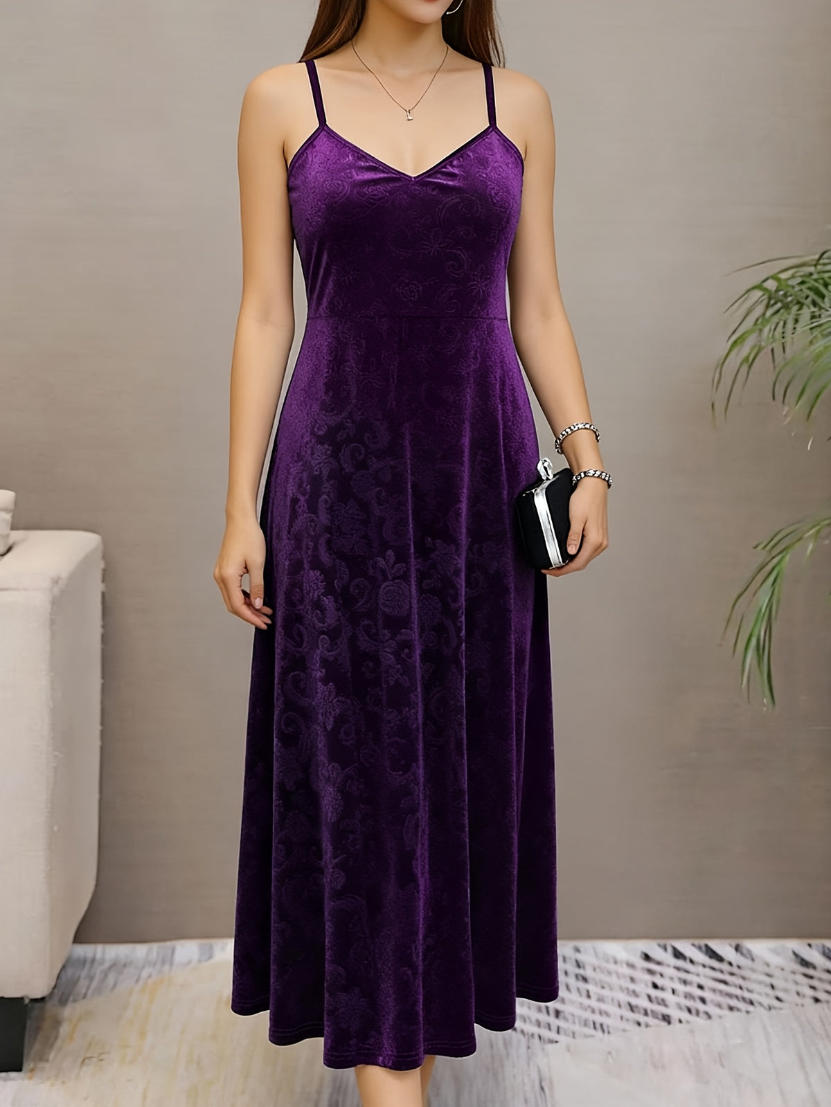 Robe longue grande taille, velours gaufré à bretelles