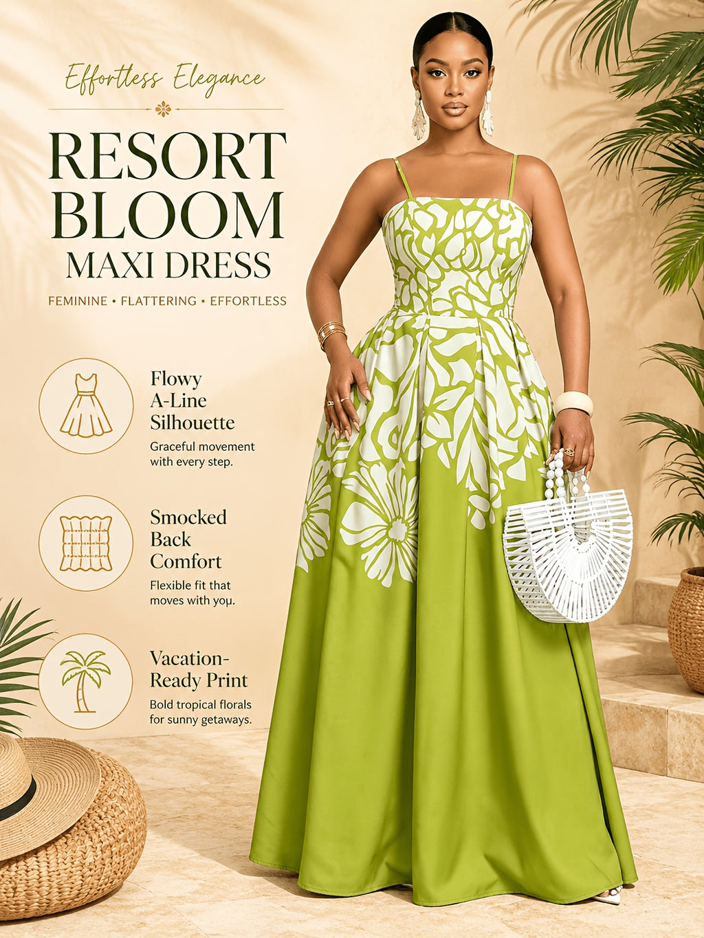Robe longue grande taille — Imprimé floral placé vert anis