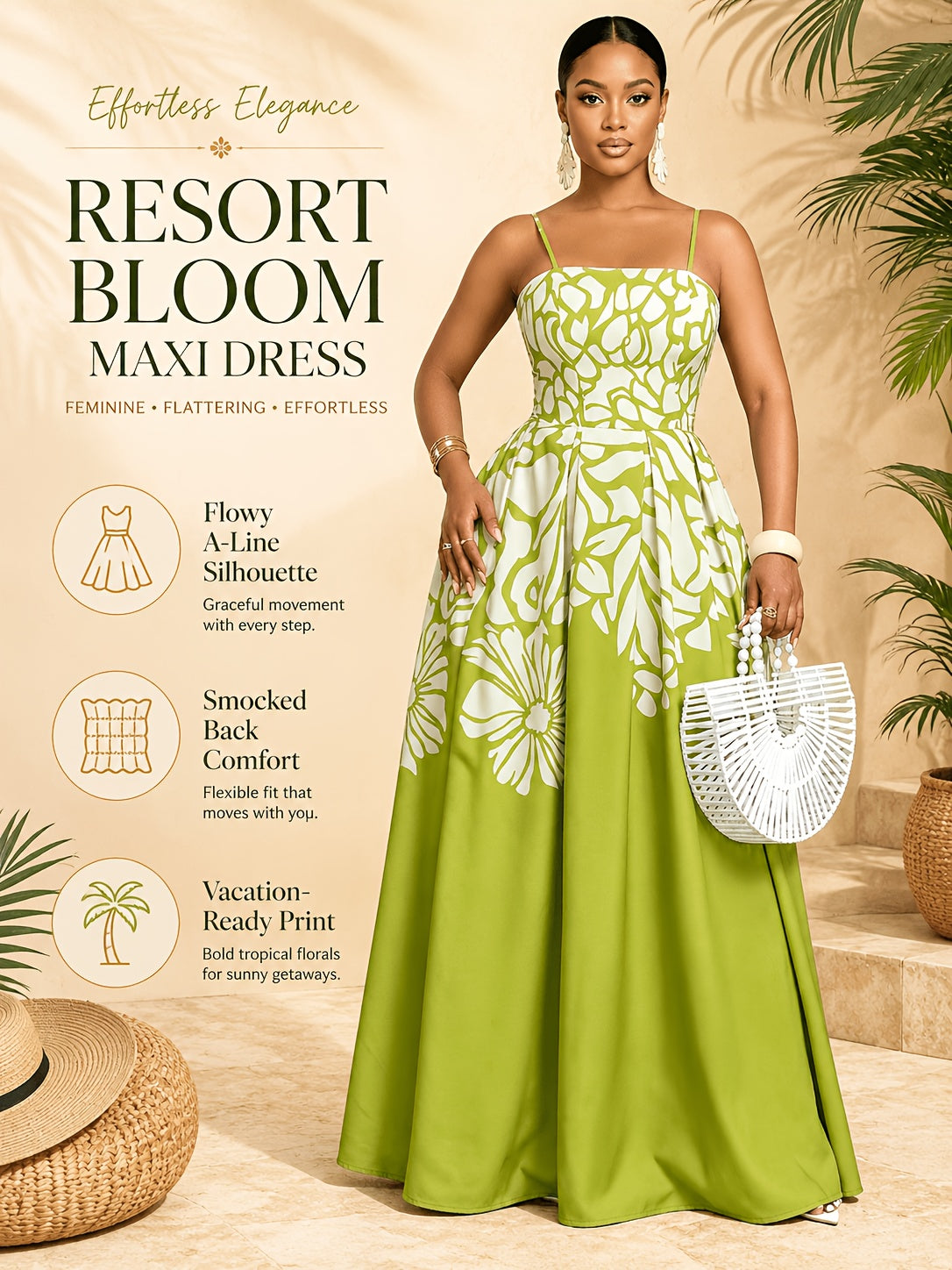 Robe longue grande taille — Imprimé floral placé vert anis