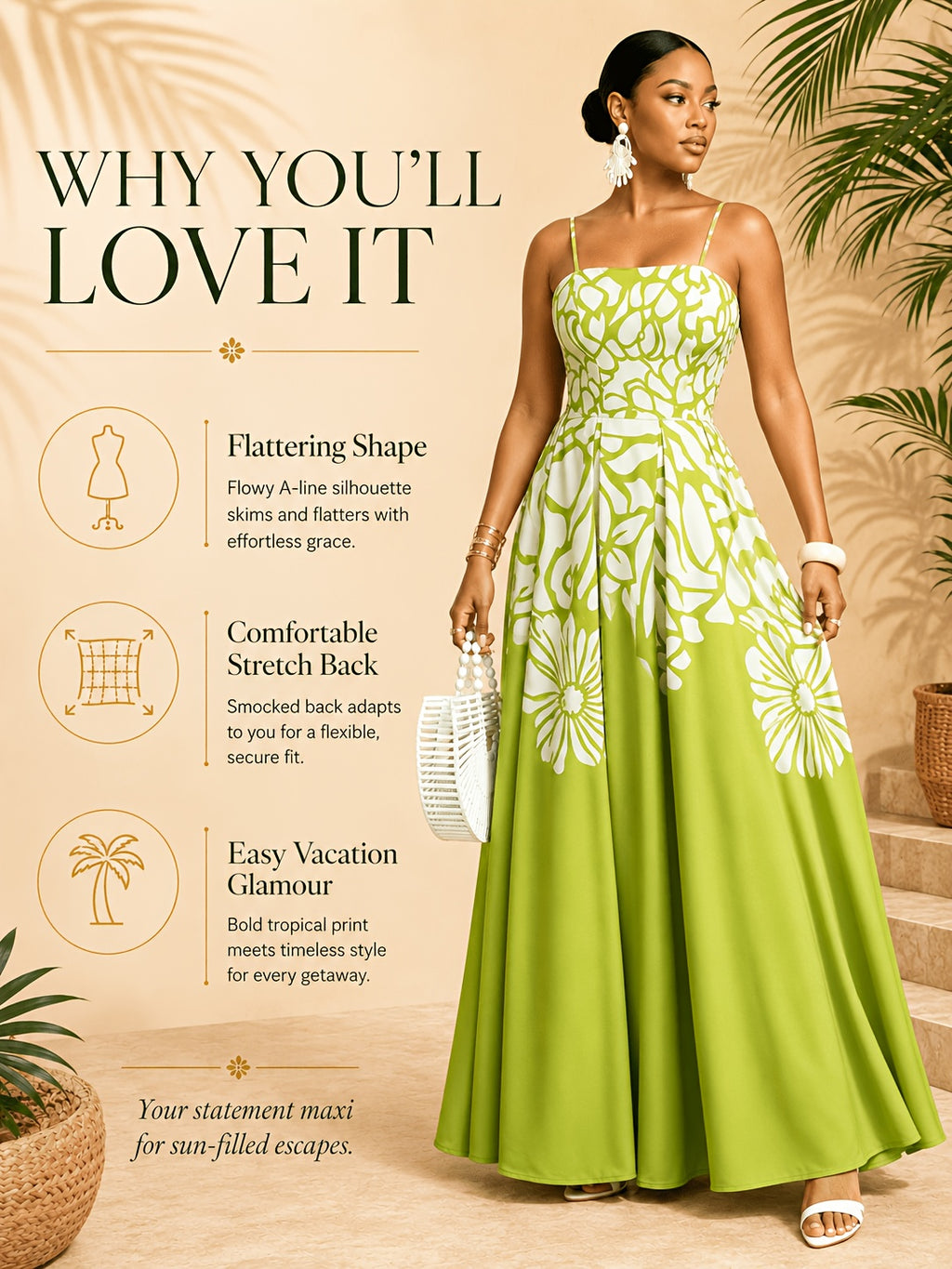 Robe longue grande taille — Imprimé floral placé vert anis