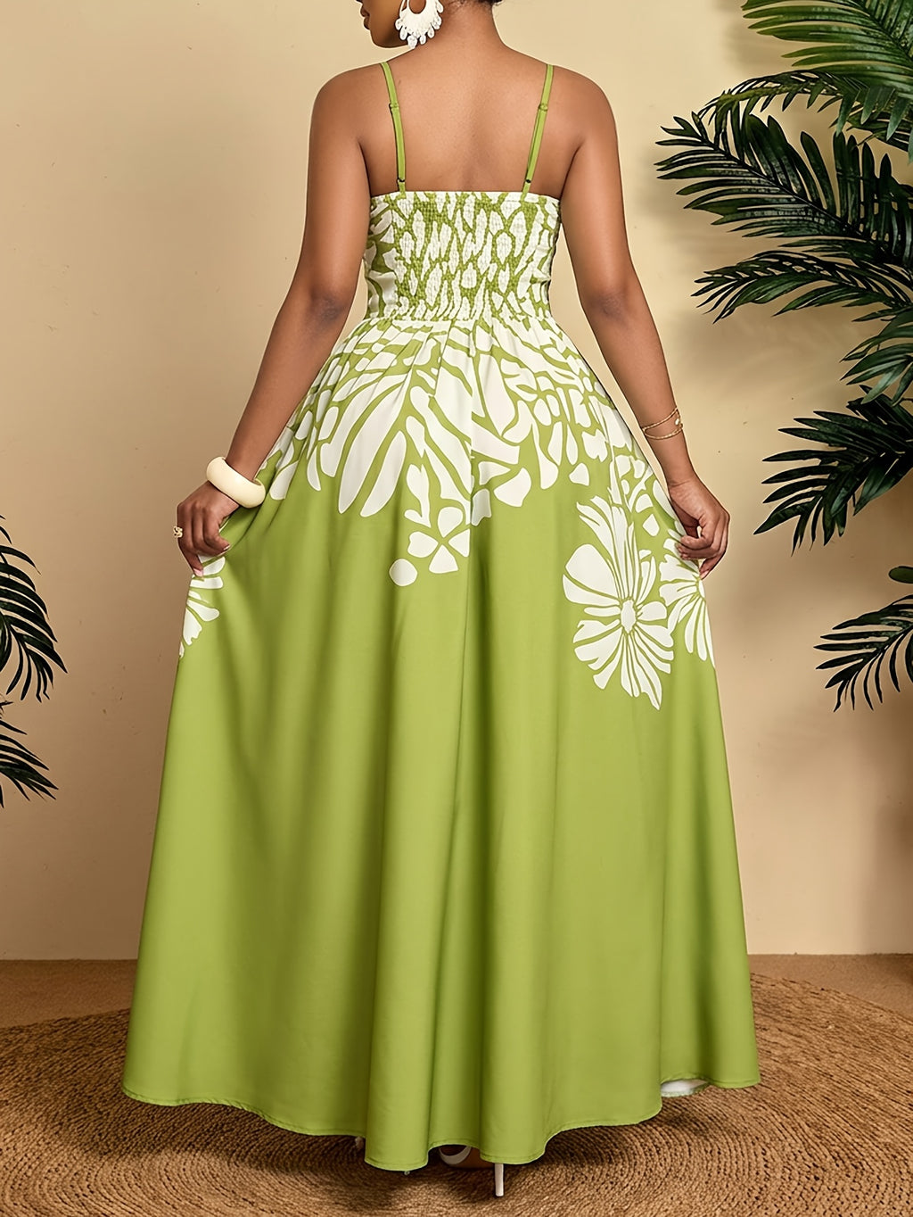 Robe longue grande taille — Imprimé floral placé vert anis