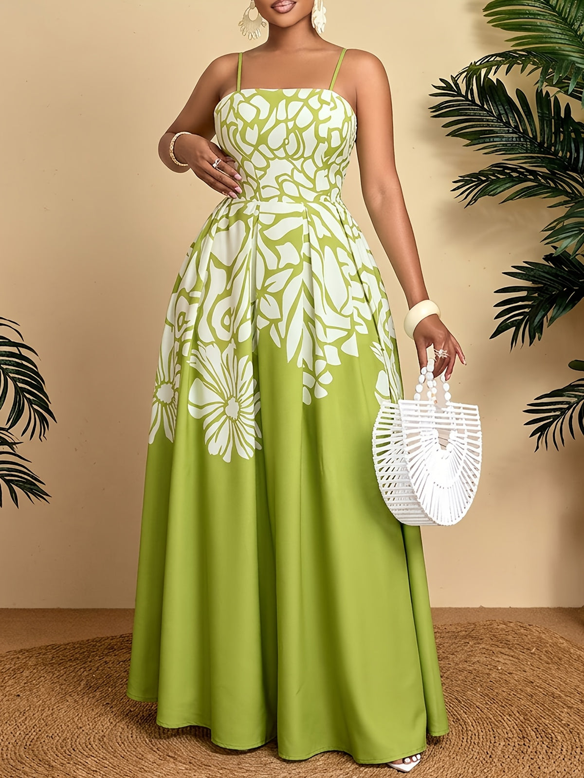 Robe longue grande taille — Imprimé floral placé vert anis