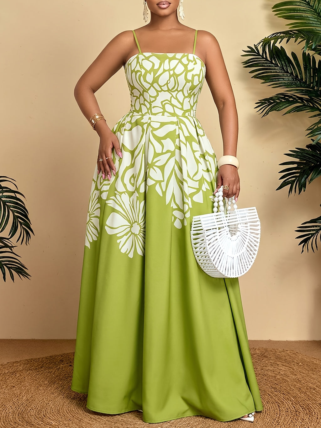 Robe longue grande taille — Imprimé floral placé vert anis