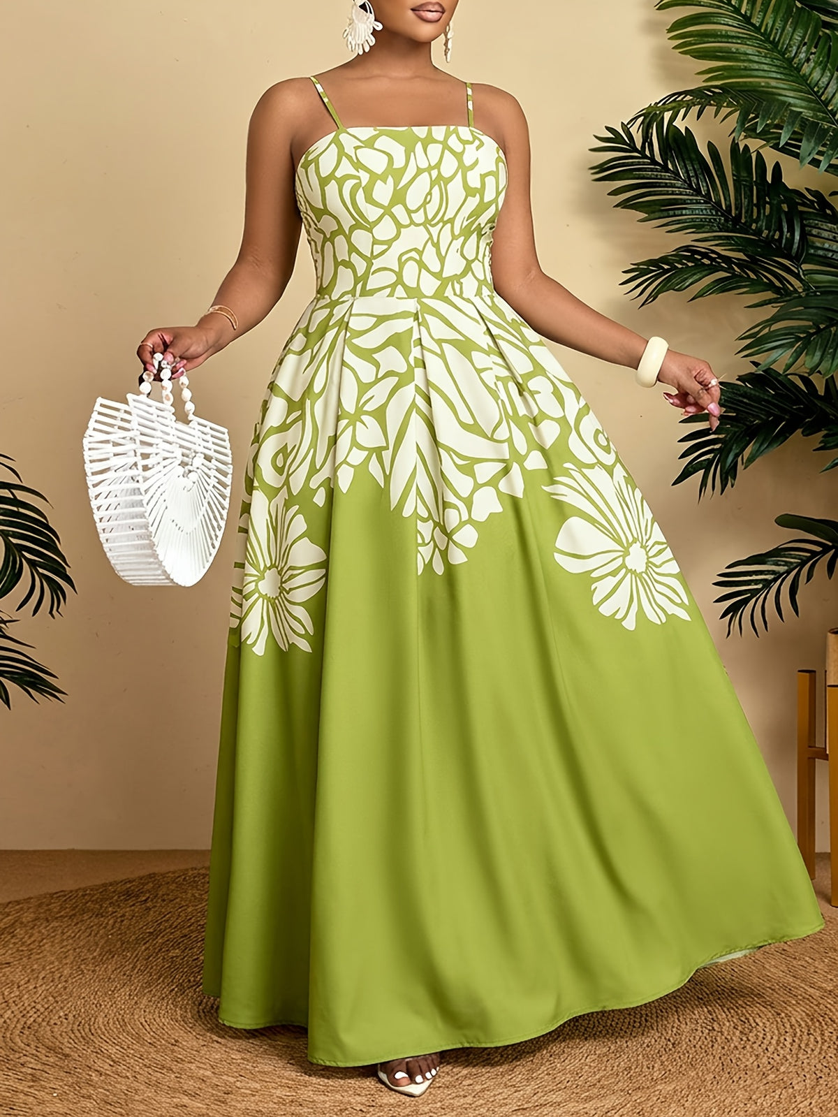 Robe longue grande taille — Imprimé floral placé vert anis