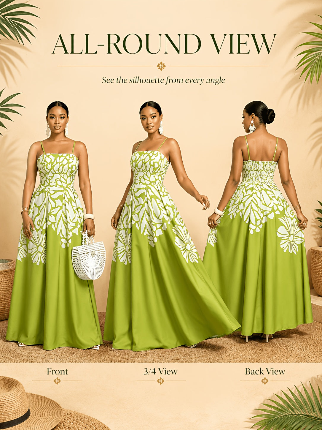 Robe longue grande taille — Imprimé floral placé vert anis