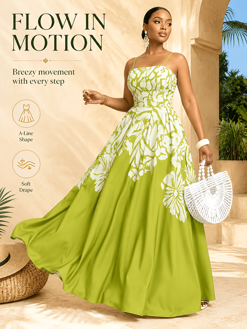 Robe longue grande taille — Imprimé floral placé vert anis