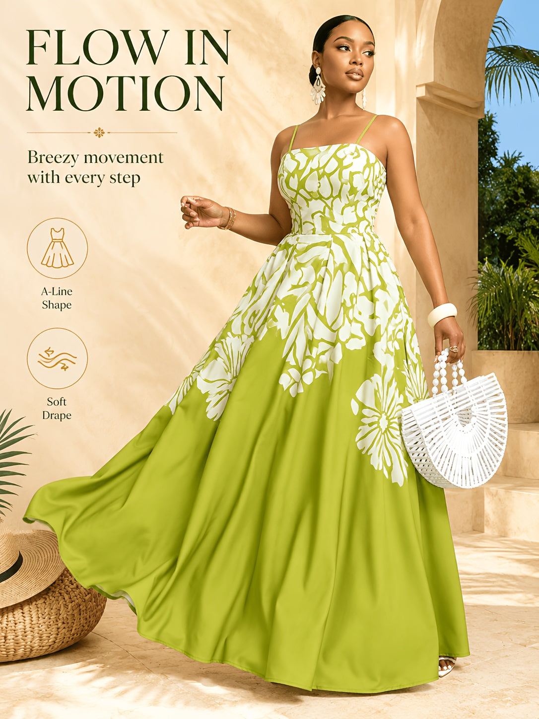 Robe longue grande taille — Imprimé floral placé vert anis