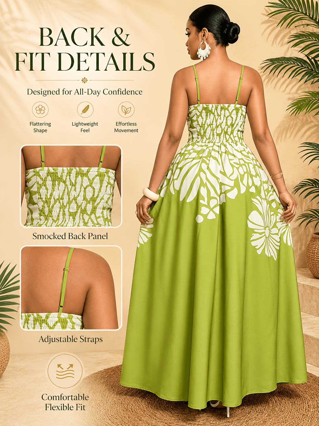 Robe longue grande taille — Imprimé floral placé vert anis